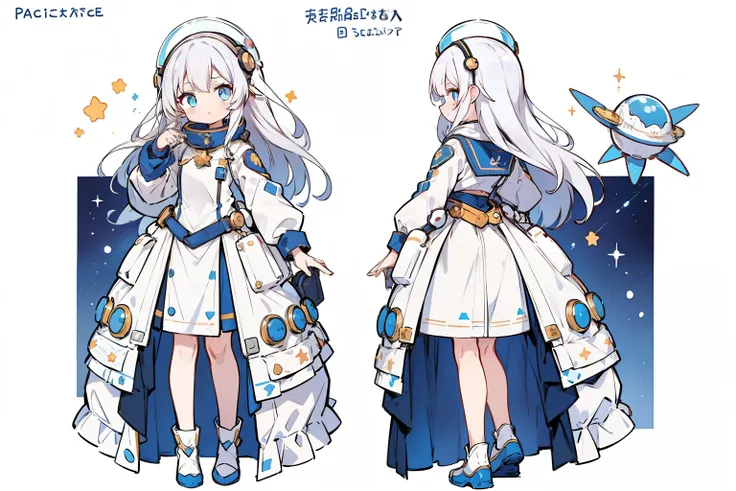 ((masutepiece)), (Highest Quality))), (CharacterDesignSheet, Space Costume, Same character, front, Side, Back), Illustration, 1 girl, Full body,silver hair flowery, star accessory, Eye hair, Beautiful eyes, Princess, space helmet, Cut,Long hair, environmen...