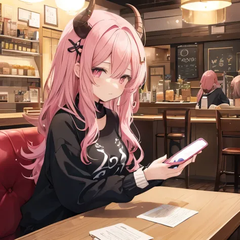 An anime-style illustration of ‘Fua-chan’ using her smartphone in a cafe. Fua-chan has distinctive features: long pink hair styled in soft curls resembling sheep’s horns, and pink eyes. She is depicted sitting at a cozy table in a stylish cafe, focused on ...