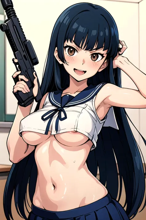 1girl,wang liu mei,brown eyes, long hair,  blush, lipstick, Hot girl, baddie, staring, glaring, bad attitude, mean girl, crazy, smoking, sensual, attractive, masterpiece, best quality, highly detailed, a anime girls in sailor uniforms with a gun posing for...