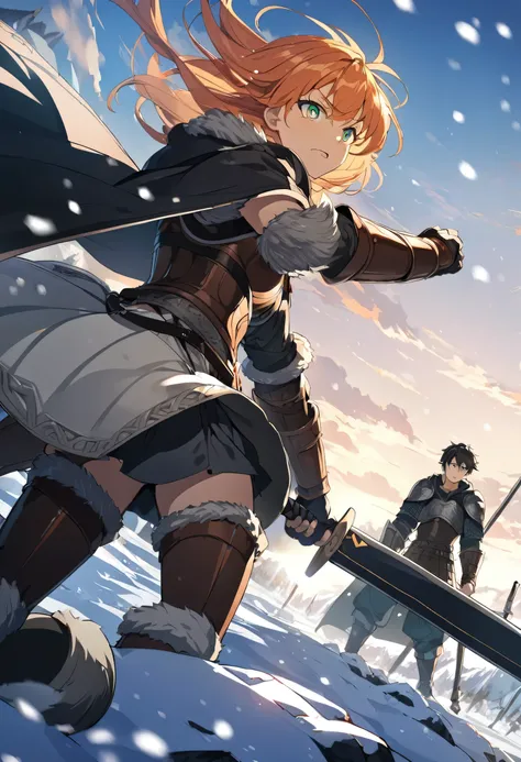 1 woman, orange hair, green pupils, nordic armor wielding spear and shield accompanied by 1 boy, black hair, black hood and armor, wielding black sword, snowy background, anime, 4k, hd, viking, nordic, light novel cover 