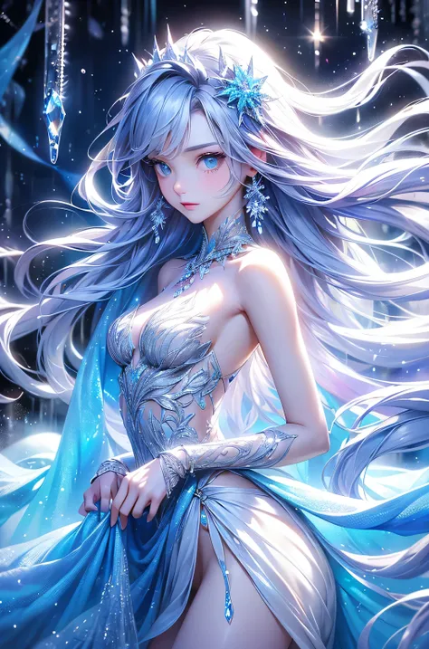 (1/2 photos:1.5)wood, Exquisite mini ice spikes and crystals, A frozen waterfall in the background, Light reflected by ice crystals, Flowing snowflakes.1 girl、pretty girl,A realistic person,((small breasts)),Thin legs、Tight waist、standing