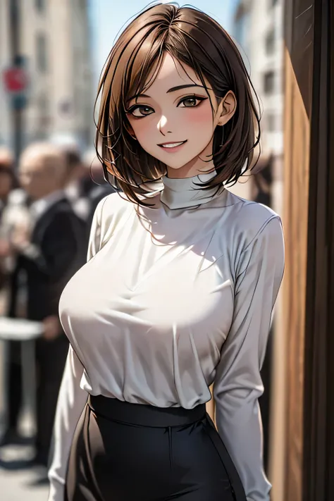 a J-pop idol wearing a turtleneck sweater, (((masterpiece))), ((Highest quality)), ((Complex)), ((surreal)), Bakares, (Mature Woman), ((peerless)), Very detailed, 1 girl, ((Big Breasts)), Beautiful and detailed, Brunette Short Hair, Brown eyes, (turtleneck...