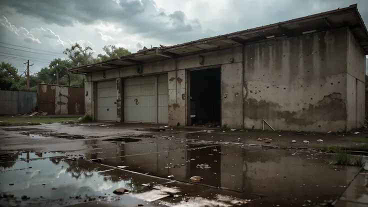 a dilapidated abandoned garage, crumbling concrete walls, broken windows, overgrown weeds, rusty metal door, puddles on the ground, cloudy sky, atmospheric lighting, detailed textures, photorealistic, cinematic composition, moody tones