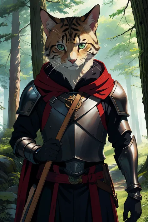 Half-human, half-feline beast, intelligent and charismatic, dexterous, light brown fur with dark spots, green eyes, wearing light armor, equipped with a bow and quiver, in a forest setting, determined expression, focused on finding a deity.