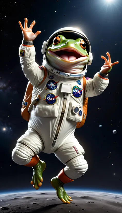 photorealistic portrait of ((Dressed animals)) - a ((fat))baby ((frog)) astronaut, (dancing:1.5),(full body image:2.0),(elegant pose:1.5) Wearing astronauts clothes and helmet,(swinging arms up:1.5),(),(happy),(smile:1.5), , in outer space background,,(loo...