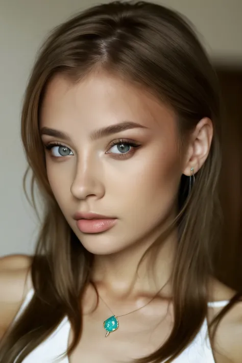 ViktoriaTishko, focus on eyes, close up on face, pouting, wearing jewelry, color canary hair styled bedhead hair