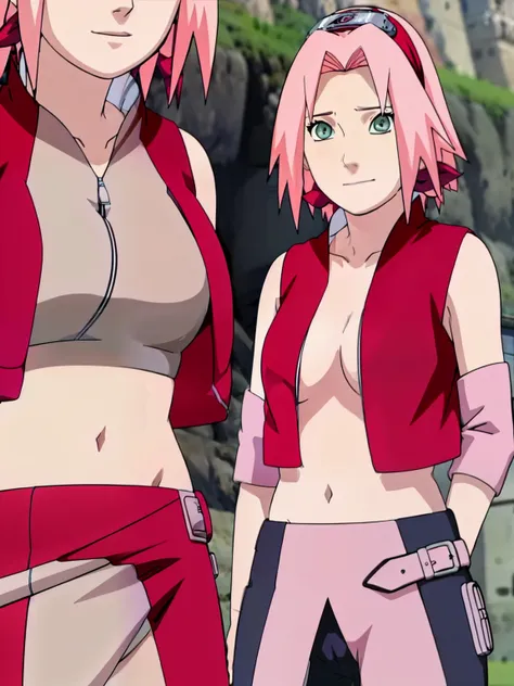 Sakura Haruno showing her belly with open zipper and open top showing her sexy breasts 