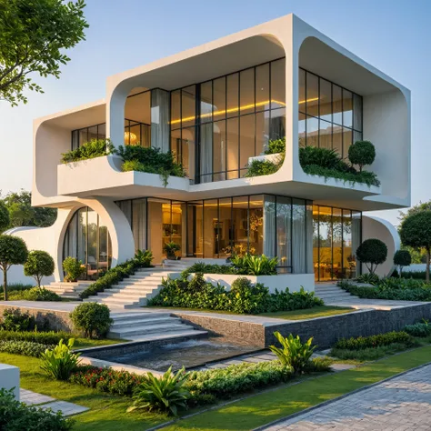 Boss of'ouvrages d'art, high quality, best quality, authentique, Great detail, En plein air, plain-piedVilla XL, groupe, style de maison moderne dans la rue ,stairs, white wall ,road,pavement, grass, trees, sky, clouds, (day light:1.1)