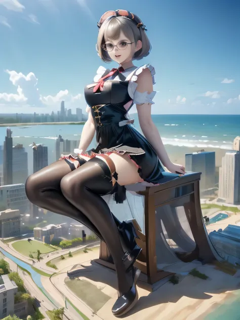 multiple girls, 3girls, standing, giantess art, highly detailed giantess shot, giantess, most detailed, perfect face, two legs, five fingers, short hair, beautiful girl bigger than a skyscraper, wearing rimless glasses, smiling, huge breasts, maid, maid ou...