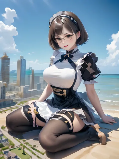 multiple girls, 3girls, standing, giantess art, highly detailed giantess shot, giantess, most detailed, perfect face, two legs, five fingers, short hair, beautiful girl bigger than a skyscraper, wearing rimless glasses, smiling, huge breasts, maid, maid ou...