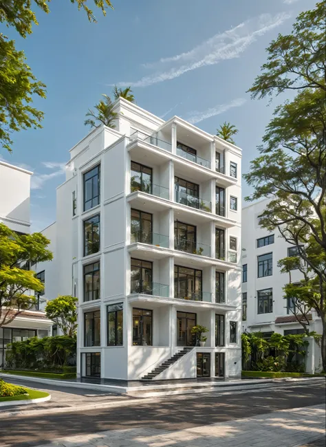 neo classical villa on street, (daylight), tropical tree, vivid colour, streetcapes, white tone, black detail, white wall, large glass door, warm interior lighting, best quality, masterpiece, car, pedestrian, ultra realistic
