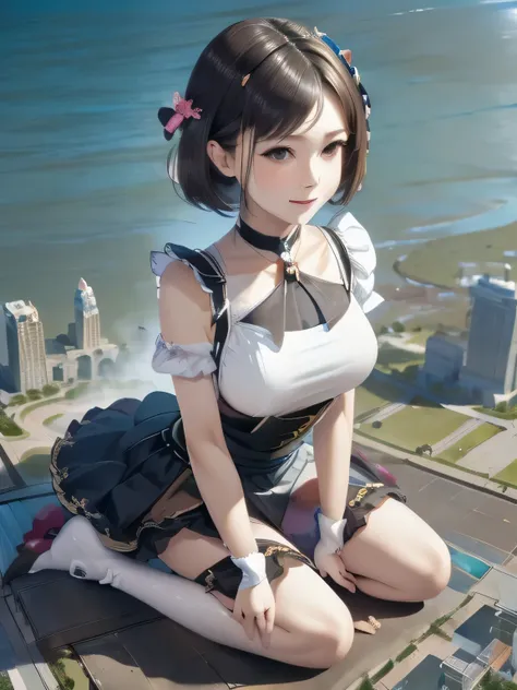 multiple girls, 3girls, standing, giantess art, highly detailed giantess shot, giantess, most detailed, perfect face, two legs, five fingers, short hair, beautiful girl bigger than a skyscraper, wearing rimless glasses, smiling, huge breasts, maid, maid ou...