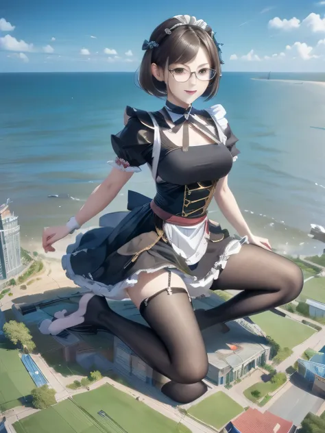 multiple girls, 3girls, standing, giantess art, highly detailed giantess shot, giantess, most detailed, perfect face, two legs, five fingers, short hair, beautiful girl bigger than a skyscraper, wearing rimless glasses, smiling, huge breasts, maid, maid ou...