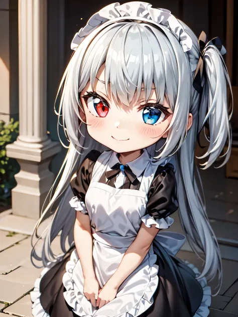 one girl、solo、luminous_valentine、(moe:1.10)、cute maid outfit、((chibi character:1.2))、beautifully colored eyes、 (blue eyes:1.2), ...