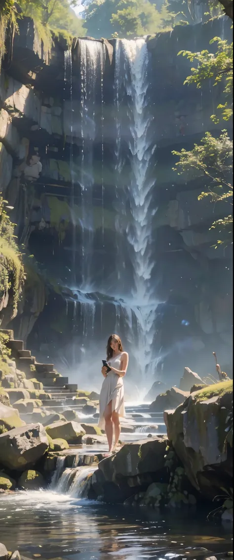 ((masterpiece, Highest quality, Best image quality, High resolution, Realistic, RAWphotograph, 8k)), young woman photograph of a waterfall with her cell phone, Next to the waterfall, cell phone photograph, with waterfalls, standing in front of a waterfall,...