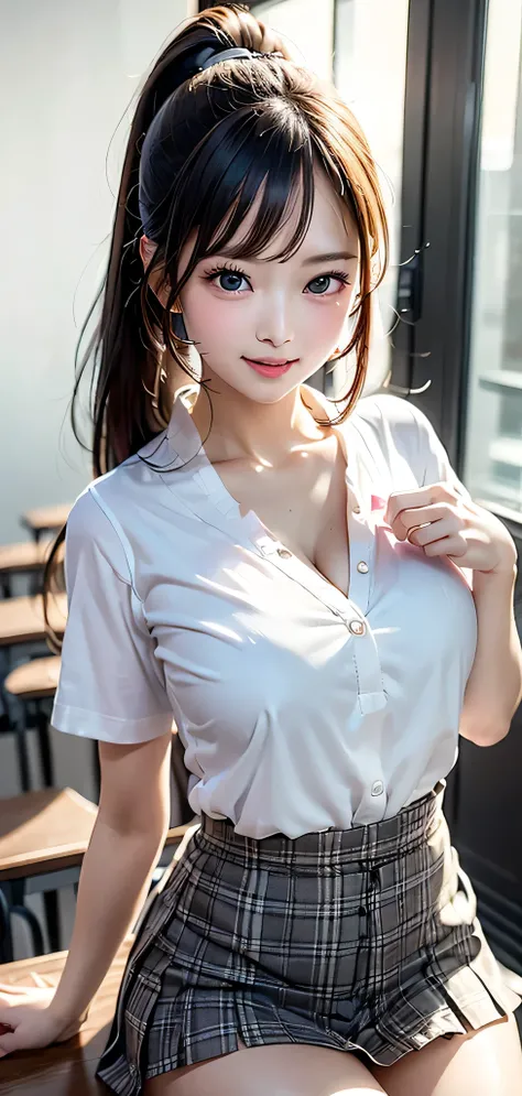 (classroom), (Beautiful and vibrant background), ((((Huge_chest)))), (A fitted white short-sleeved shirt), (Checkered Pleated Skirt), (high school girl), (tie:1.2), (Beautiful black eyes down to the last detail), (Sit at a desk), (Attractive thighs:1.4), (...