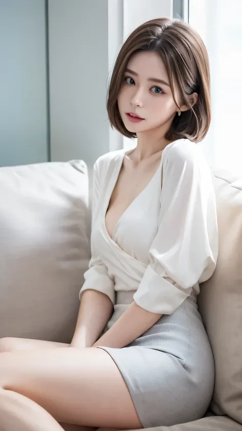 Skintight Top:1.2, View your audience, Cinema Lighting, perfection, Soft Light, High Resolution Skins:1.2, Realistic skin texture, 30 year old mature woman、Small face、No makeup、 tight blouse shirt,Tight Skirt,Bust E Cup、 Exposed cleavage, Small breasts、blu...