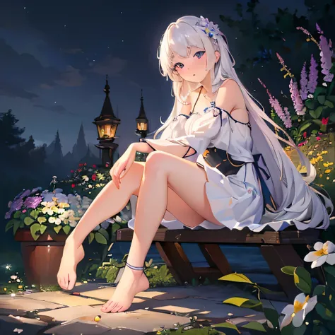 (best quality,4K,8K,high resolution,masterpiece:1.2),Very detailed,(Practical,photoPractical,photo-Practical:1.37),illustration,Soft Light,White hair girl,Deep purple eyes,Glowing eyes,sit down,barefoot,blush,Garden at night,Flowers.dew