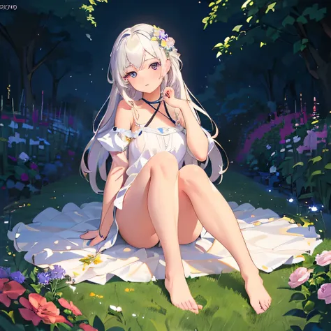 (best quality,4K,8K,high resolution,masterpiece:1.2),Very detailed,(Practical,photoPractical,photo-Practical:1.37),illustration,Soft Light,White hair girl,Deep purple eyes,Glowing eyes,sit down,barefoot,blush,Garden at night,Flowers.dew