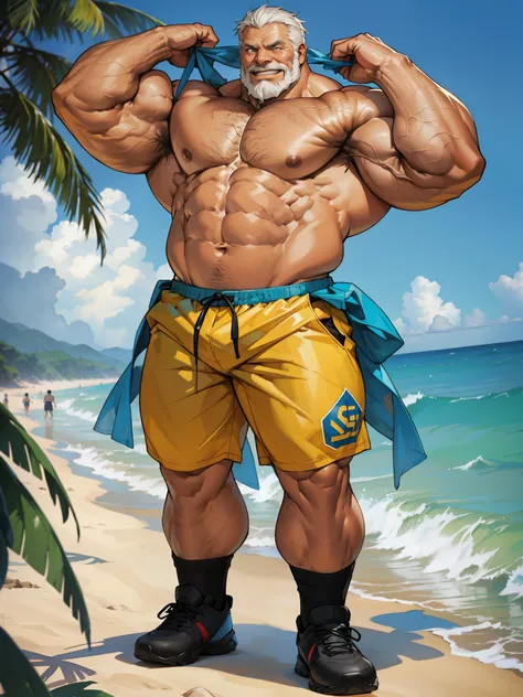 1boy, 1man, solo. beach, extremely huge muscular, massive muscular, full-body , (topless, shirtless, shorts), well-muscled old man. ((extremely muscle size, super thick arms, huge pec, extremely wide pectoral , huge arms)), wide smiling. Add textures and d...