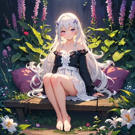 (best quality,4K,8K,high resolution,masterpiece:1.2),Very detailed,(Practical,photoPractical,photo-Practical:1.37),illustration,Soft Light,White hair girl,Deep purple eyes,Glowing eyes,sit down,barefoot,blush,Garden at night,Flowers.dew