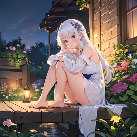 (best quality,4K,8K,high resolution,masterpiece:1.2),Very detailed,(Practical,photoPractical,photo-Practical:1.37),illustration,Soft Light,White hair girl,Deep purple eyes,Glowing eyes,sit down,barefoot,blush,Garden at night,Flowers.dew