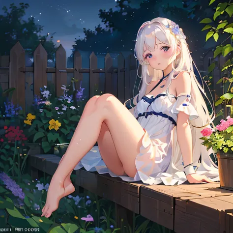 (best quality,4K,8K,high resolution,masterpiece:1.2),Very detailed,(Practical,photoPractical,photo-Practical:1.37),illustration,Soft Light,White hair girl,Deep purple eyes,Glowing eyes,sit down,barefoot,blush,Garden at night,Flowers.dew