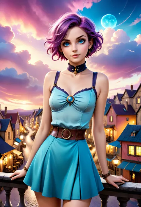 realistic, mesmerizing, modern analog photo, middle shot, photorealistic, (most detailed face, eyes), skyscape with clouds, nightfall, cute woman, small european town in 1910, short windblown skirt, soft steampunk aesthetic, short hair, smoke particles, ha...