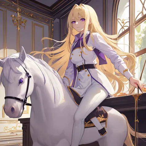 high resolution, masterpiece, i admit that alina, halberd-eating horse, blond, solitary, 1 girl, lovely, delicate eyes, long hai...