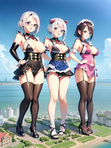 multiple girls, 3girls, standing, giantess art, highly detailed giantess shot, giantess, most detailed, perfect face, two legs, five fingers, short hair, beautiful girl bigger than a skyscraper, wearing rimless glasses, smiling, huge breasts, underwear, ma...