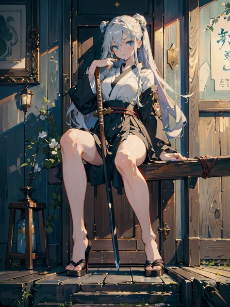 (Highest quality、High resolution、8k、masterpiece:1.2)。Her eyes were shining like stars、Curvaceous yet slender、Squat、Yankee sitting。Looking down but eyes looking straight ahead。Crouched down and glaring at the viewer。Using a Japanese sword as a walking stick...