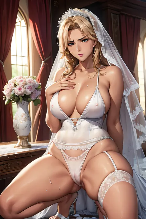 Ashamed and resentful expression. Pussy leaking, urination, wet crotch, nipple. (A female athlete, wearing a white silk wedding dress swimsuit, garter). Squat down. Many onlookers gather watched.