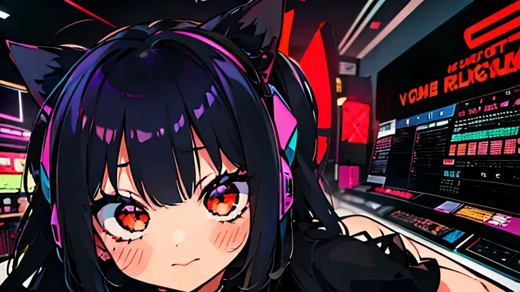 (junkotvv cabello negro, orejas de gato, ojos rojos), Best quality, (masterpiece), best detail face,1 girl, big breasts, 18 yo, 8k,absurdres,unity 8k wall paper,(extremely detailed:1.3), highest realistic, (retro headphones:), (soft neon light:), (psychede...