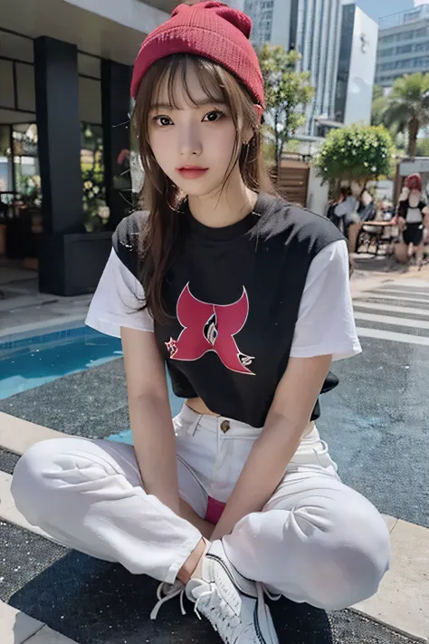 girl wearing black oversized tshirt, short sleeves with " Devils Figures" logo on it , baggy pants and white sneakers sitting outside the korean mall holding red purse posing for instagram story, full body shot, straight blonde hair with bangs, 20 years ol...