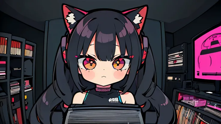 (junkotvv cabello negro, orejas de gato, ojos rojos), Best quality, (masterpiece), best detail face,1 girl, big breasts, 18 yo, 8k,absurdres,unity 8k wall paper,(extremely detailed:1.3), highest realistic, (retro headphones:), (soft neon light:), (psychede...