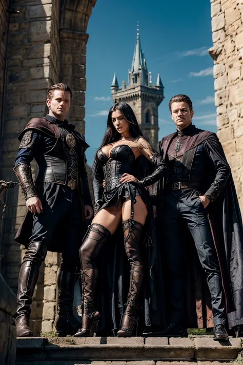 woman villain, in a brown corset, in a black skirt, sexy image of a villain sorceress, arrogant contemptuous look of blue eyes, full length, Against the background of a medieval castle, behind him are three men with whips in their hands