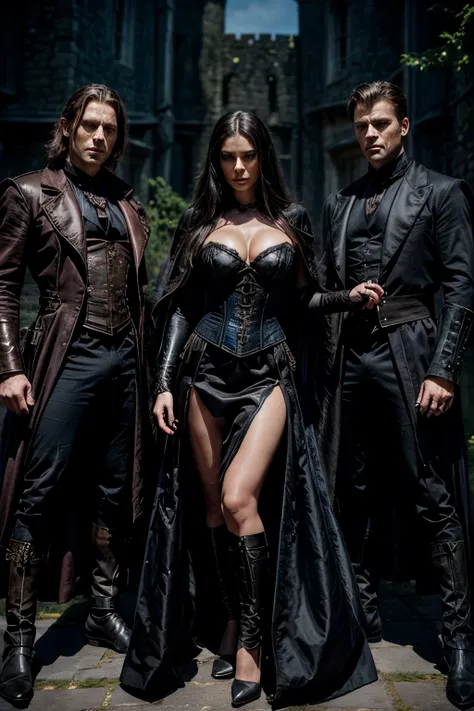 woman villain, in a brown corset, in a black skirt, sexy image of a villain sorceress, arrogant contemptuous look of blue eyes, full length, Against the background of a medieval castle, behind him are three men with whips in their hands