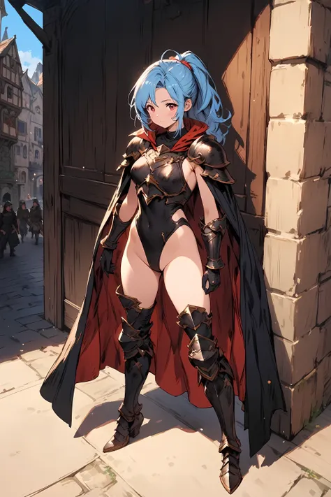 ((adorable, cute, kawaii)), Masterpiece, 1woman, pony tail hair, blue hair, parted bangs, red eyes, perfect face, stern look, perfect body, perfect , black armored leotard, ((medium cape)), ((shoulder pads)), full black gloves, black armored gauntlet, armo...