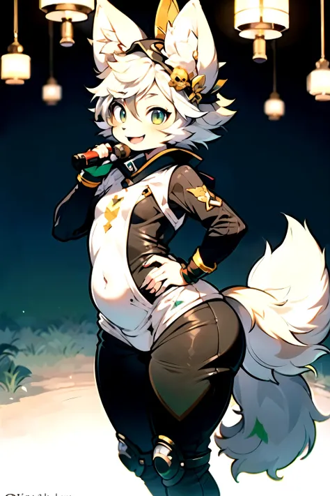 ((Best Quality)), ((masterpiece)), (detailed), 1 girl, with fluffy fox tails, White fur, small in stature, very big hips, Nice smile, green eyes, very daring focusing on her big butt, tight clothes 