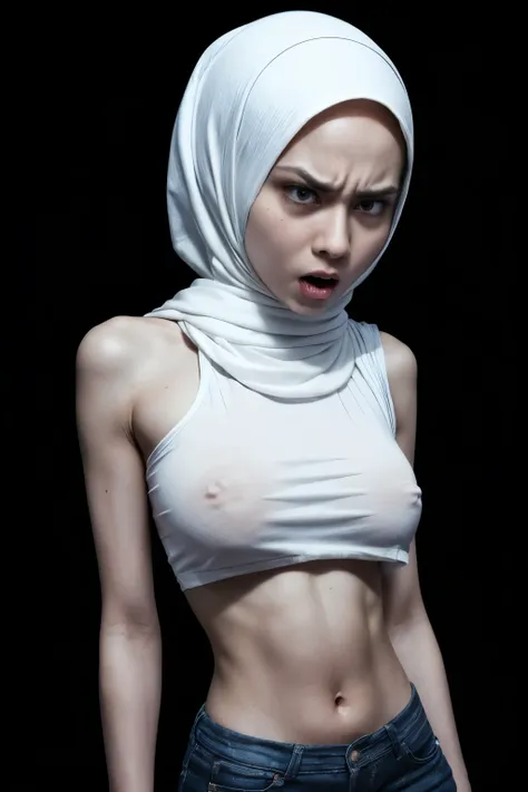 VERY SKINNY THIN BODY, VIEW FROM SIDE SEDUCTIVE POSE, ((SKINNY THIN:2.7)), ((ANGRY FACE EXPRESSION :1.6)), ((ULTRA RESOLUTION)), ((UHD)), ((8K)), ((((HALF BODY  PORTRAIT)))), ((HIJAB G-STRING & THONG)) ((NAKED WHITE)), (DARK BACKGROUND), (HUGE BREASTS :1.4...