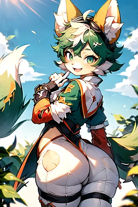 ((Best Quality)), ((masterpiece)), (detailed), 1 girl, with fluffy fox tails, White fur, small in stature, very big hips, Nice smile, green eyes, very daring focusing on her big butt, tight clothes 