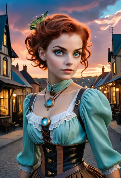 realistic, mesmerizing, modern analog photo, middle shot, photorealistic, (most detailed face, eyes), skyscape with clouds, nightfall, cute woman, small european town in 1910, short windblown skirt, soft steampunk aesthetic, short hair, smoke particles, ha...