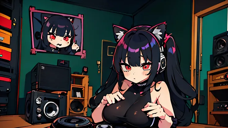 (junkotvv cabello negro, orejas de gato, ojos rojos), Best quality, (masterpiece), best detail face,1 girl, big breasts, 18 yo, 8k,absurdres,unity 8k wall paper,(extremely detailed:1.3), highest realistic, (retro headphones:), (soft neon light:), (psychede...