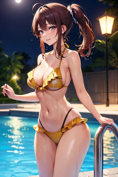 (masterpiece),best quality,extremely detailed,UHD,(Wet,pretty girl:1.4), (enjoy smile),(Clarity,Metallic gold frill bikini), perfectly proportions,(medium large breasts),(Long ponytail hair:1.8),(sexy slender:1.4),(musculature:1.1),(pool),(night:1.4),