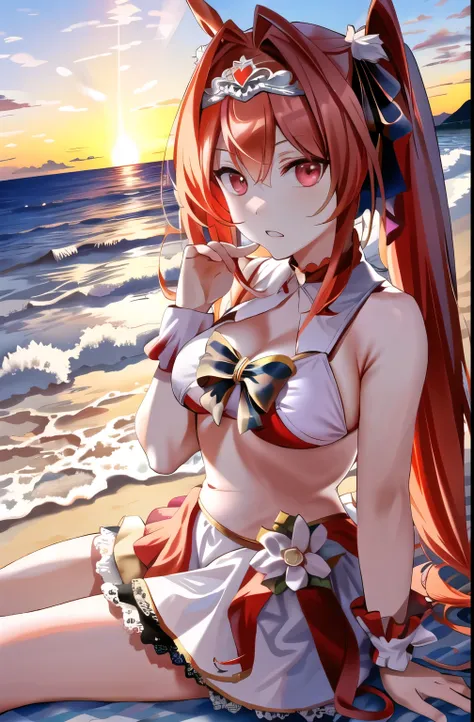 Masterpiece, Highest quality, there is nothing, One girl, Marl, alone、, Big and red, ((White Bikini)), ((Coast at dusk)), ((Only the ocean behind)), ((Backlight)), ((From waist to head)), White knee-high, Twin tails,  Horse tail, Very long hair, Brown Hair...