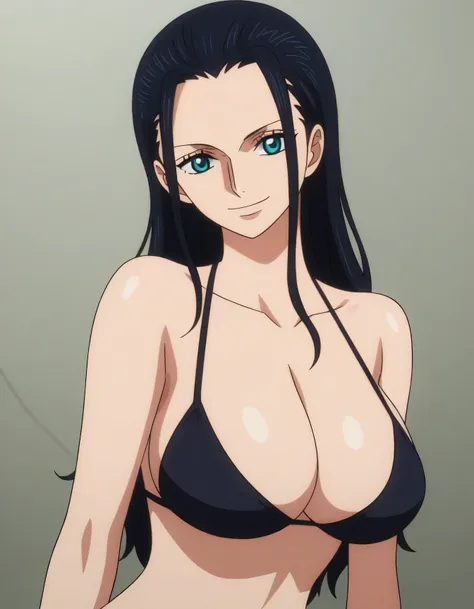 score_9, score_8_up, source_anime, anime screencap, one_piece_style, Nico Robin, black hair, long hair, blue eyes, large breasts,((black bikini)), looking at viewer, smile, cleavage, Sexy bleey button ,  from front, upper body, looking at viewer