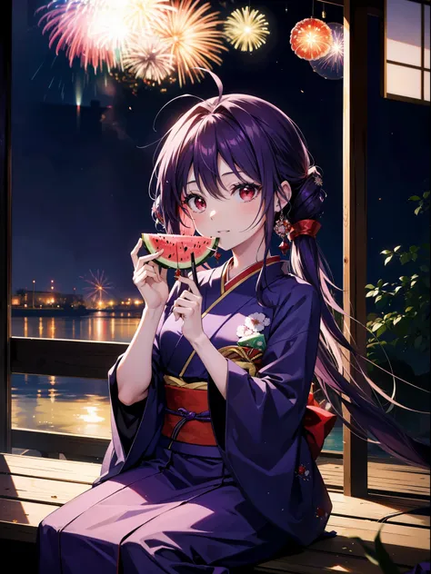 yuukikonno, Yuuki Konno, hair band, Long Hair, Pointed Ears, Purple Hair, Ahoge,(Red eyes:1.5), (Small breasts:1.2),low twin tail,smile,Open your mouth,Purple Kimono,Purple long skirt,Fireworks in the night sky,Fireworks,The place is a fireworks display,Ti...