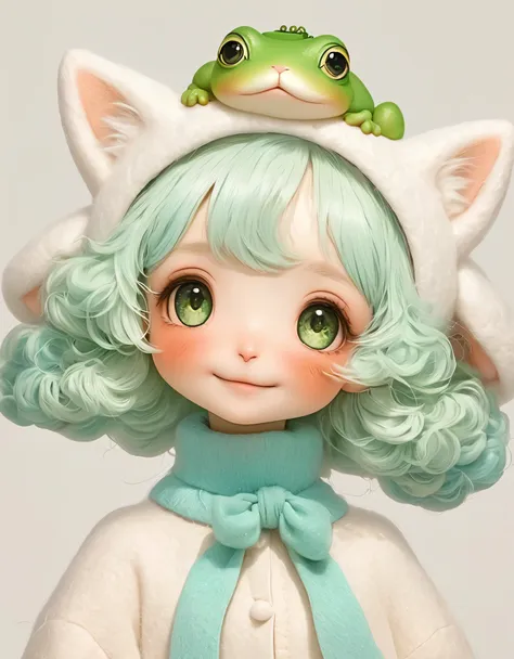 (masterpiece, best quality:1.2), 1 girl, with frog hat, solitary, hairy，wool curls，green theme, longeyelashes, solid circle eyes...