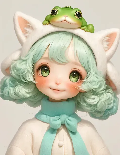 一个带猫耳朵帽子头顶青蛙的绿头发女孩