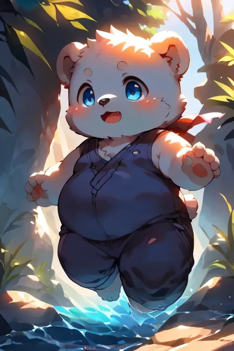 White Bear Boy，white fur，kemono，big bright blue eyes，Young,(fat)，cute，solo，furry，furry face，overweight，Short hands and feet，swimming pants，Natural light，Bright environment，daytime，White light，perfect anatomy,humanoid,